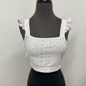 SHEIN Cream Eyelet Ruffle Tank Top